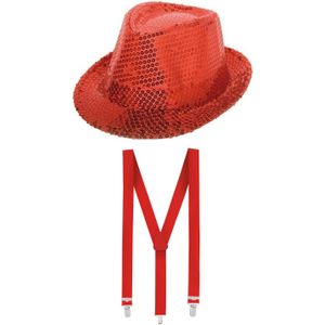 Folat - Verkleedkleding set - Glitter hoed/bretels rood volwassenen