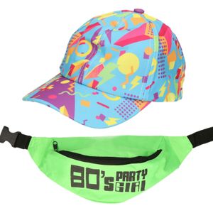 Foute 80s/90s party verkleed set - dames - retro pet en heuptasje - jaren 80/90 verkleed accessoires