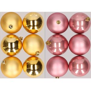 12x stuks kunststof kerstballen mix van goud en oudroze 8 cm - Kerstversiering