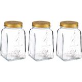 Pasabahce Voorraadpot/bewaarpot Square - 3x - glas - 1,5L - transparant/goud - D10 x H19 cm - voedsel bewaren