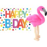 Pluche Knuffel Flamingo 31 cm met A5-size Happy Birthday Wenskaart - Verjaardag Cadeau Setje
