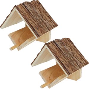 2x stuks vogelhuisje/voederhuisje/pindakaashuisje hout met dak van boomschors 16 cm - Vogelvoederhuisje - Vogel voederstation