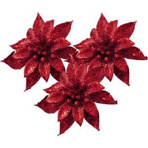 Cosy and Trendy kerstboomversiering bloemen op clip - 3x st - rood - 8 cm - glitters