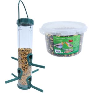 Vogel voedersilo groen/transparant kunststof 33 cm inclusief 4-seizoenen energy vogelvoer - Vogel voederstation