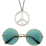 Widmann - Hippie Flower Power verkleed set peace ketting en ronde groene glazen party bril