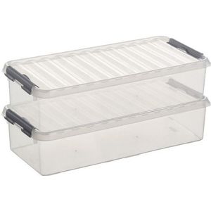 2x Sunware Q-Line opberg boxen/opbergdozen 6,5 liter 48,5 x 19 x 10,5 cm kunststof - Langwerpige/smalle opslagbox - Opbergbak kunststof transparant/zilver