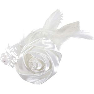 Bruiloft/huwelijk corsage wit met roos en veren - Trouwerij corsage speldjes/pins - Bruiloft thema wit