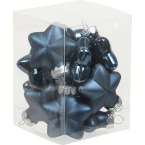 12x Sterretjes kersthangers/kerstballen donkerblauw van glas - 4 cm - mat/glans - Kerstboomversiering