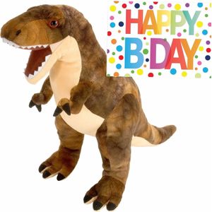 Pluche knuffel Dino T-rex 25 cm met grote A5-size Happy Birthday wenskaart - Verjaardag cadeau setje - Een knuffel sturen