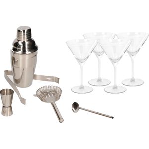 Cocktailshaker set RVS 5-delig inclusief 4x cocktail/martini glazen 260 ml - Zelf cocktails maken