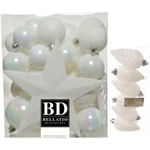 Kerstversiering kunststof kerstballen en hangers parelmoer wit 5-6-8 cm pakket van 39x stuks - Met ster vorm piek van 19 cm