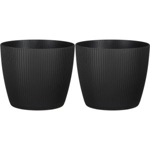 Mica Decorations - plantenpot/bloempot - 2x - kunststof - zwart/ribbels- D20/H17 cm