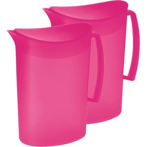Juypal Schenkkan/waterkan - 2x - fuchsia roze - 2 liter - kunststof - L20 x H23 cm - met deksel