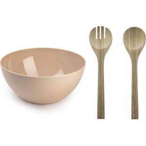 Salade serveer schaal - beige - kunststof - Dia 28 cm - incl. bamboe Sla couvert/bestek