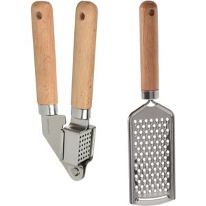 Excellent Houseware 2-delig keukengerei - Knoflookpers 16 cm/handrasp 22 cm- Hout/metaal