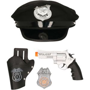 Carnaval verkleed politiepet - zwart - met pistool/badge - heren/dames - verkleedkleding accessoires