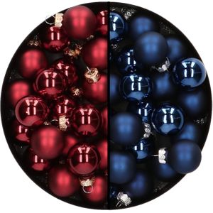 Mini kerstballen - 48x st - donkerblauw en donkerrood - 2,5 cm - glas - kerstversiering