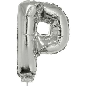 Zilveren opblaas letter ballon P op stokje 41 cm