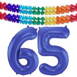 Folat folie ballonnen - Leeftijd cijfer 65 - blauw - 86 cm - en 2x slingers