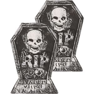 Set van 2x stuks horror kerkhof decoratie grafsteen RIP met schedel 38 x 27 cm - Halloween feestdecoratie en versiering