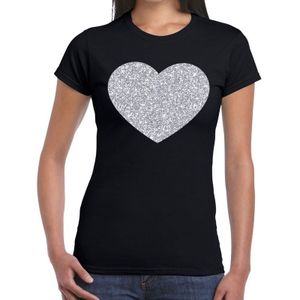 Zilveren hart glitter t-shirt zwart dames - dames shirt hart van zilver