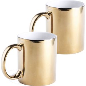2x Metallic gouden koffiebekers/theemokken keramisch 350 ml - Servies - Bekers/mokken