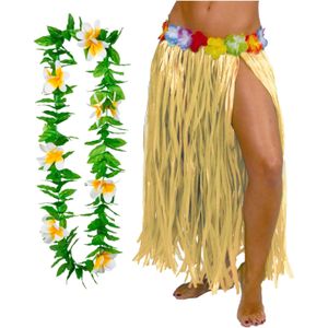 Hawaii verkleed rokje en bloemenkrans - volwassenen - naturel - tropisch themafeest - hoela