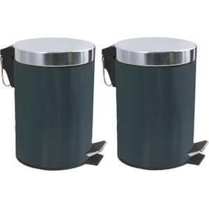 MSV Prullenbak/pedaalemmer - 2x - metaal - donkergroen - 3 liter - 17 x 25 cm - Badkamer/toilet