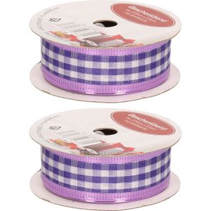 2x Hobby/decoratie paars/wit satijnen sierlinten met ruiten 2,5 cm/25 mm x 270 cm - Ruitjes cadeaulinten satijnlinten/ribbons - Paarse linten met witte ruiten - Verpakkingsmaterialen