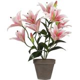 2x Roze Tigerlily/tijgerlelie kunstplant 47 cm in grijze plastic pot - Kunstplanten/nepplanten