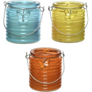 Citronella kaars - in windlicht - 3x - blauw/geel en oranje - 20 branduren - citrusgeur