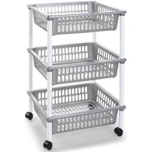 Opberg trolley/roltafel/organizer met 3 manden 40 x 30 x 61,5 cm zilver/wit - Etagewagentje/karretje met opbergkratten