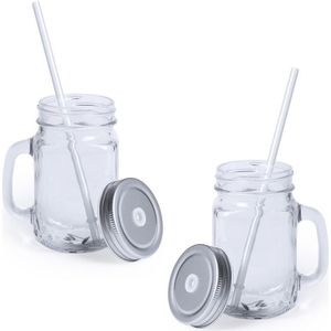 12x stuks Glazen Mason Jar drinkbekers zilvergrijze dop en rietje 500 ml - afsluitbaar/niet lekken/fruit shakes