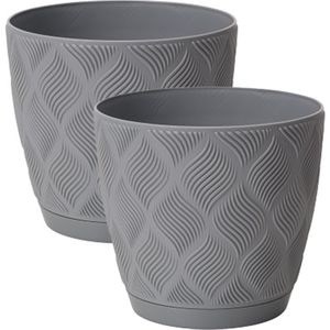 Form Plastic Plantenpot/bloempot New Age - 2x - kunststof - platina grijs - D15 x H14 cm - met opvang schotel - rond