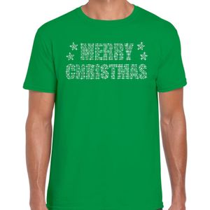 Glitter kerst t-shirt groen Merry Christmas glitter steentjes/ rhinestones  voor heren - Glitter kerst shirt/ outfit