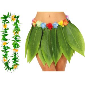 Hawaii verkleed rokje en bloemenkrans - volwassenen - groen - tropisch themafeest - hoela