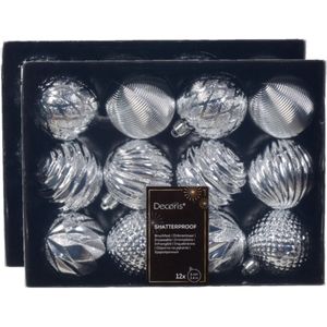 Decoris kerstballen gedecoreerd - 24x - 6 cm -kunststof - zilver