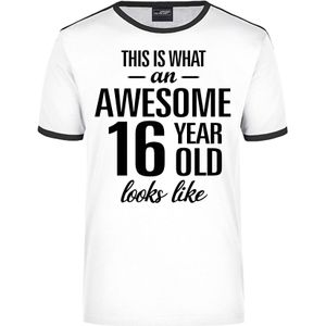 Awesome 16 year - geweldige 16 jaar wit/zwart ringer cadeau t-shirt heren -  Verjaardag cadeau