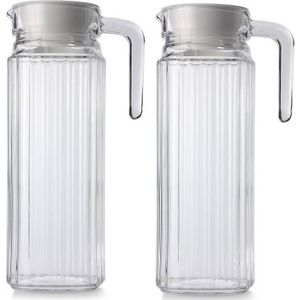 2x Glazen koelkast schenkkannen met afsluitbare dop 1,1 L - Glazen sapkan/limonade kannen