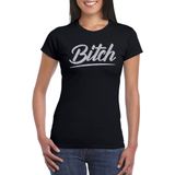 Bitch t-shirt zwart met zilveren glitter tekst dames - Glitter en Glamour zilver party kleding shirt