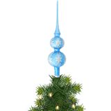 Piek/kerstboom topper - glas - H30 cm - blauw gedecoreerd - Kerstversiering