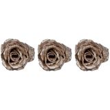 3x Champagne roos met glitters op clip 7 cm - kerstversiering rozen
