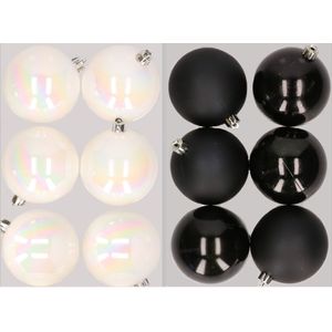 12x stuks kunststof kerstballen mix van parelmoer wit en zwart 8 cm - Kerstversiering