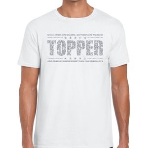 Wit Topper shirt in zilveren glitter letters heren - Toppers dresscode kleding