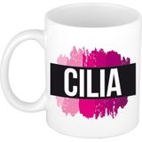 Cilia  naam cadeau mok / beker met roze verfstrepen - Cadeau collega/ moederdag/ verjaardag of als persoonlijke mok werknemers