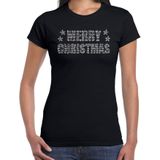 Glitter kerst t-shirt zwart Merry Christmas glitter steentjes/ rhinestones  voor dames - Glitter kerst shirt/ outfit