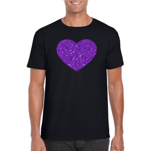 Toppers Zwart t-shirt hart met paarse glitters heren - Themafeest/feest kleding