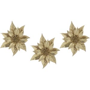 3x stuks decoratie bloemen kerststerren goud glitter op clip 18 cm - Decoratiebloemen/kerstboomversiering