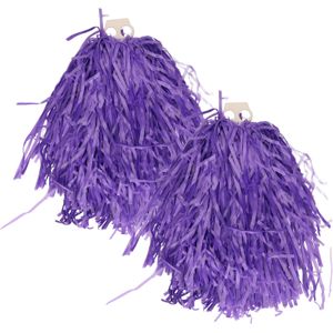 Cheerballs/pompoms - 2x - paars - met franjes en ring handgreep - 28 cm