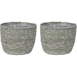 Set van 3x stuks plantenpot/bloempot van jute/zeegras diameter 13 cm en hoogte 10 cm ijsblauw/grijs - Met binnenkant van plastic